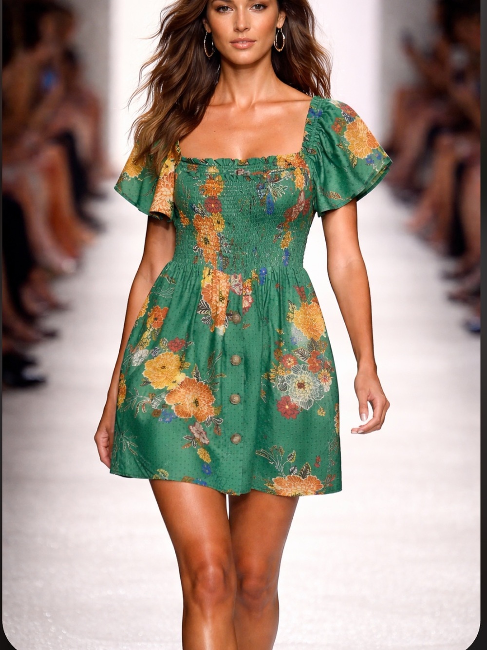 Chenault Green Floral Smocked Top with Yellow-Orange Blooms